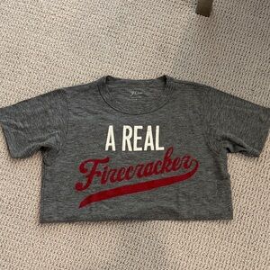 J. Crew Charcoal Tee with Red and White Text